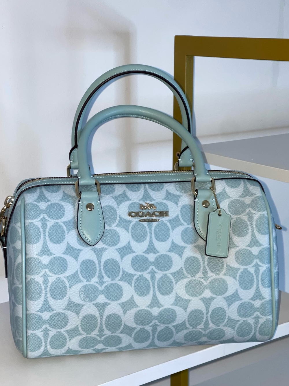 Coach Rowan Light Blue Signature Satchel with Gold Hardware